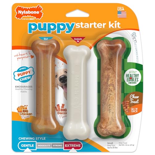 Nylabone New Puppy Starter Kit, 2 Chew Toys and 1 Natural Treat for Puppies, Puppy Teething Toy, Bacon & Chicken Flavor, Small Dogs - Up to 25 lbs., 3 Pack - size: Small