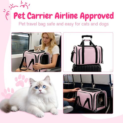 Double Expandable Cat Carrier,Airline Approved Soft-Sided Pet Travel Carrier for Small Dogs Cats under 15 lbs,Waterproof 600D Oxford Fabric with Washable Replacement Liner,Odor-Free & Claw-Proof(Pink) - color: Pink