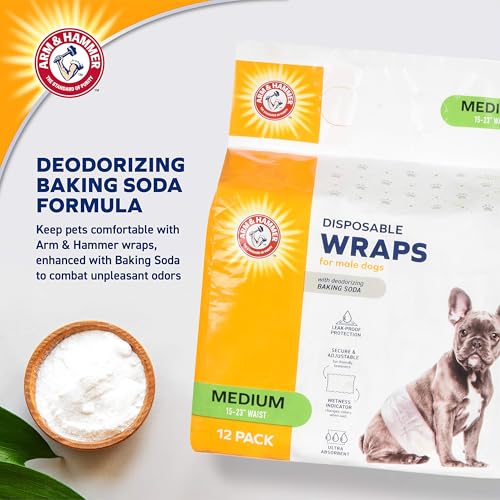 Arm & Hammer Medium Male Dog Wraps, Disposable Belly Band Diapers with Baking Soda Odor Control, Super Absorbent Leak Resistant Design for Marking and Incontinence, 15-23 Inch Waist, 12 Count - size: Medium
