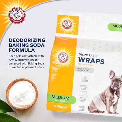 Arm & Hammer Medium Male Dog Wraps, Disposable Belly Band Diapers with Baking Soda Odor Control, Super Absorbent Leak Resistant Design for Marking and Incontinence, 15-23 Inch Waist, 12 Count - size: Medium
