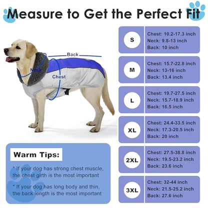 Petglad Dog Coat, Waterproof Ripstop Dog Winter Jacket with Leash Hole, Reflective Adjustable Warm Pet Fleece Snow Sweater for Small Medium Large Dogs - Blue, L - color: Blue, size: L