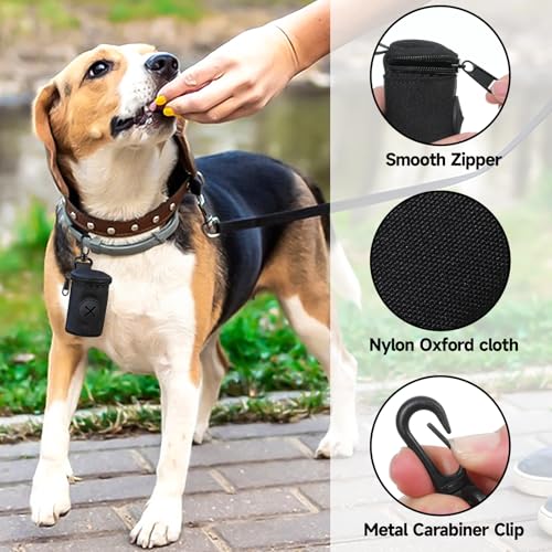 Dog Poop Bag Holder for Leash, Durable Fabric Poop Bag Dispenser with Zipper, Soft Pet Waste Bags Pouch, Small Doggy Puppy Walking Accessories Attachment for Leash (Black)