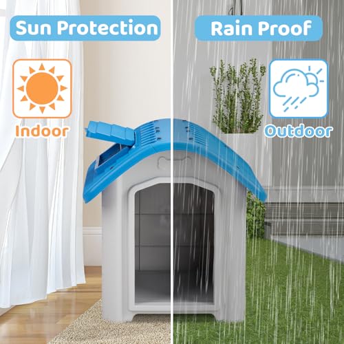 28 inch Raised Plastic Dog House, Outdoor Indoor Doghouse with Adjustable Sunroof and Elevated Base, Water Resistant Pet House Animal Puppy Shelter Kennel for Small Medium Dogs, Blue & White