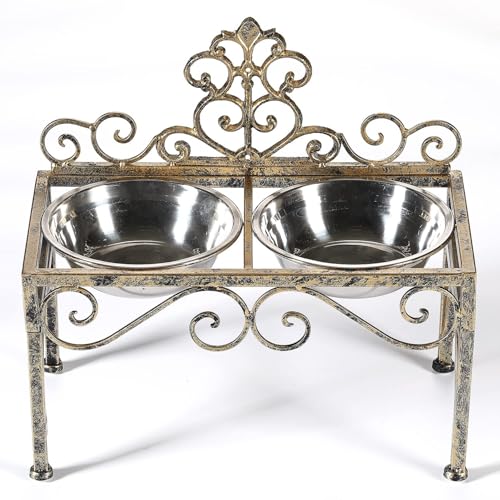Elevated Dog Bowls for Large Dogs, Metal Raised Dog Feeder, Lifted Dogs Dish Stand with Double Stainless Steel Bowls for Food and Water, Antique Gold Finish Tall Dog Bowl Stand - Height 8.78" - size: 8.78" Height Antique Gold