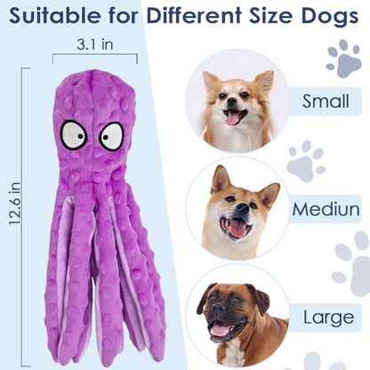 8 Pack Squeaky Octopus Plush Dog Toys for Aggressive Chewers, No Stuffing, Crinkle, Durable Interactive, 4 Colors - size: 8 pack
