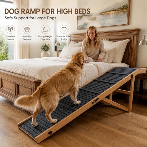 Extra Large Dog Ramp 63‘’L for High Bed, Couch & SUV – 200 Lb Heavy Duty Solid Wood Pet Ramp, 6 Adjustable Height – Portable Stable Non-Slip Steps for Medium to XL Dogs - color: 63"l Large