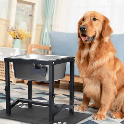 2.8 Gallon Elevated Large Dog Water Bowl, 4 Adjustable Height 10.5-15.8'' Raised Stainless Steel Bowl Stand with Anti-Slip Mat for Large Breed, Metal Dog Feeding Station for Relief Joint Pressure - size: 2.8 Gallon