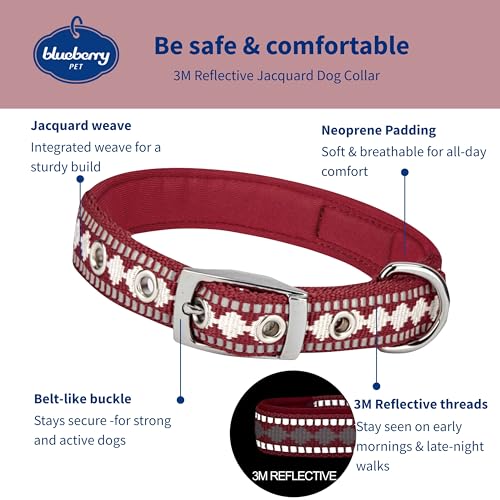 Blueberry Pet Reflective Jacquard Dog Collar with Neoprene Padding & Metal Buckle | Soft & Adjustable Safety Collar - Marsala Red, Neck 9-12.5", for Small Breed - color: Metal Buckle-Marsala Red, size: Small