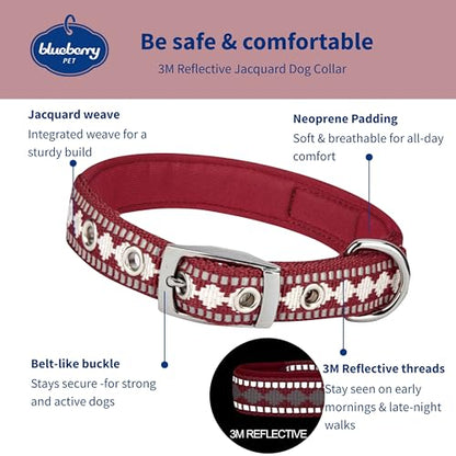 Blueberry Pet Reflective Jacquard Dog Collar with Neoprene Padding & Metal Buckle | Soft & Adjustable Safety Collar - Marsala Red, Neck 13-16.5", for Medium Breed - color: Metal Buckle-Marsala Red, size: Medium