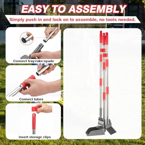 FUSBUNTY Pooper Scooper, Long Handle Dog Pooper Scooper, Heavy Duty Stainless Steel Rake with Tray & Spade Set for Pet Waste Removal, for Grass, Dirt or Gravel - color: Red-Standard