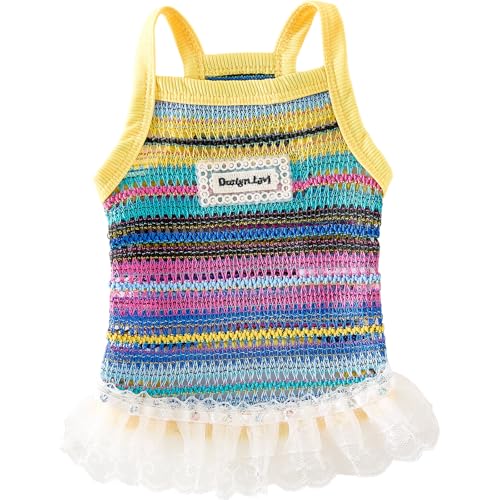 Dog Sling Tank Top with Tulle Skirt, Colorful Striped Pet T-Shirt(Yellow, Medium) - color: Yellow, size: Medium
