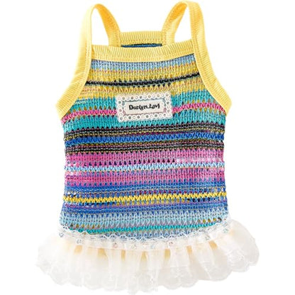 Dog Sling Tank Top with Tulle Skirt, Colorful Striped Pet T-Shirt(Yellow, Small) - color: Yellow, size: Small