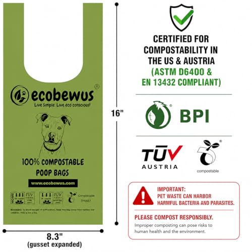 100% Compostable Handle-Tie Doggy Poop Bags (240 Bags) 16 Refill Rolls Plant-Based Cornstarch ASTM D6400 & EN 13432 Compliant HOME Certiified Compostabel Pet Dog Waste Bags (240 ct.)