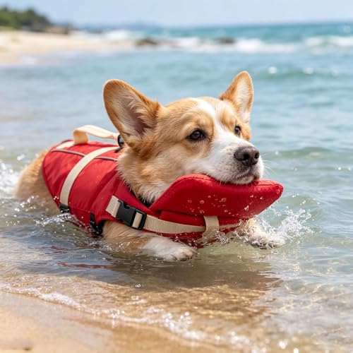 Dog Doggy Life Jacket Life Vest Saver Preserver Reflective Nylon Neoprene Quick Release Adjustable Bandana (Red#L) - color: Red#L