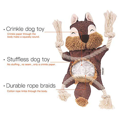 Vitscan Crinkle Dog Toy, No Stuffing Puppy Toys, Cotton Rope Limbs Stuffless Dog Toy with Squeaker, Plush Body Parts Squirrel Dog Squeaky Toys for Small Dog Chew Toys