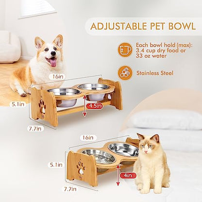 X-ZONE PET Elevated Dog Bowls for Cats and Dogs, Adjustable Bamboo Raised Dog Bowls for Small Dog, Food and Water Set Stand Feeder with 2 Stainless Steel Bowls and Anti Slip Feet (Height 4" to 4.5") - size: S- Height 4" up to 4.5"