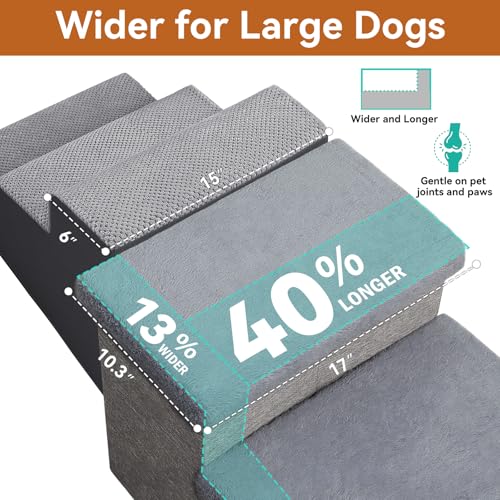 Zerbuger Dog Stairs with Furry Lids 18" H, 3-Step Wider Dog Steps with Storage for Small/Medium/Large Old Dogs Cats, Folding Sturdy Pet Stairs Climbing Bed Couch, Ramp for Car Hold Up to 200 lbs, Grey