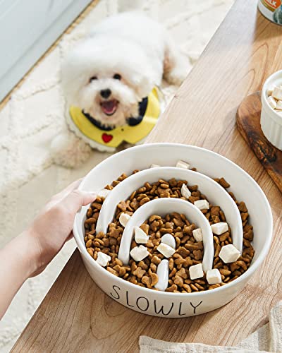 LE TAUCI PET Ceramic Slow Feeder Dog Bowls Elevated, 3 Cups Raised Dog Bowl with Wooden Stand for Medium Large Breed to Slow Down Eating, Puzzle Food Bowl,White - color: White+Stand, size: L-3 Cups