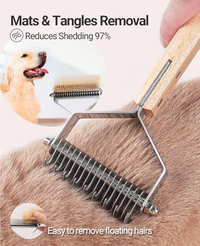 Dematting Comb for Dogs and Cats, Mat Remover and Deshedding Grooming Tool, Safe Detangler for Matted Fur, Double Sided Undercoat Rake for dogs