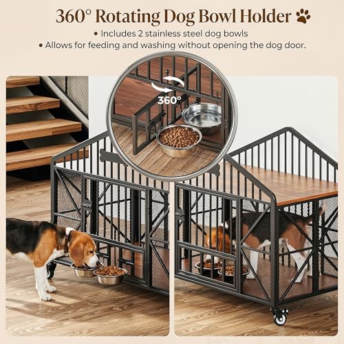 IRONCK 41.5" Foldable Dog Crate Furniture, No Assembly Required Dog Kennel Indoor with 5 Wheels, Wooden Dog Cage with 2 Rotatable Dog Bowls & Name Tag for Small/Medium Dogs, Rustic Brown