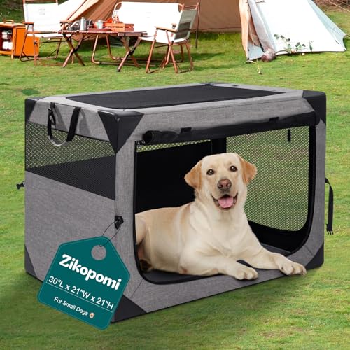 Zikopomi 30 Inch Portable Travel Dog Crate, 3 Door Collapsible Soft Pet Kennel with Durable Mesh Windows for Small and Medium Dogs, Foldable Dog Cage with Storage Pocket for Outdoor (Light Grey) - color: Light Grey, size: 30.0"L x 21.0"W x 21.0"H