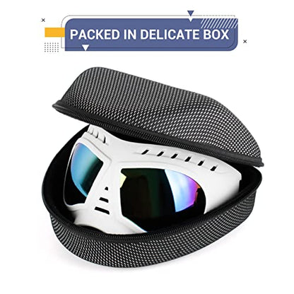 Namsan Dog Goggles for Large Dogs, Wide Snout & Soft Frame, Tactical Driving Sunglasses for Dogs Medium to Large Breed, Anti-UV Dog Eye Protection, Windproof Dustproof, Adjustable, White - color: (Large)Blue Lens