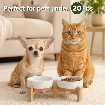 SPUNKYJUNKY Elevated Dog Bowls Ceramic, 5.1'' Dogs and Cat Food Water Bowls Raised with Non-Slip Bamboo Stand for Puppy Small Sized Breed Microwave Dishwasher Safe - 13.5 OZ,Pattern White - color: Pattern White, size: 5.1 in - 1.7 cups
