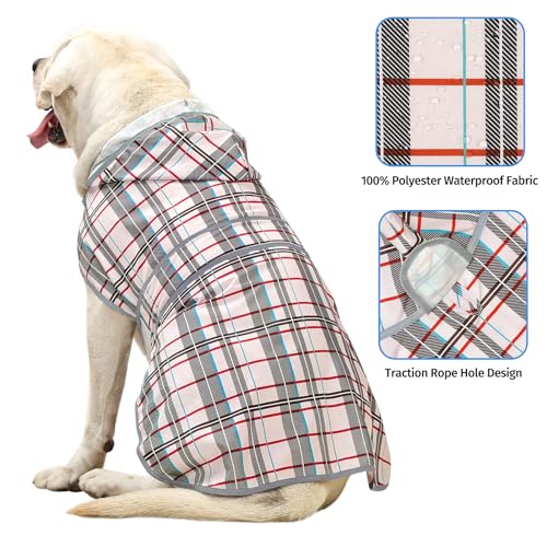 Dog Raincoat for Large Dogs Waterproof Jacket Hooded Rain Coats with Reflective Strips Leash Hole & Poncho Adjustable Fit (Plaid,XL) - color: Khaki Plaid, size: X-Large