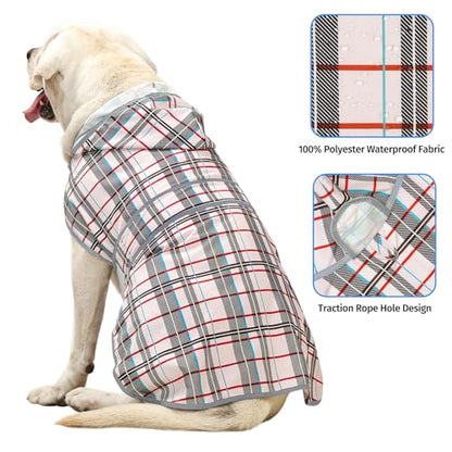 Dog Raincoat for Large Dogs Waterproof Jacket Hooded Rain Coats with Reflective Strips Leash Hole & Poncho Adjustable Fit (Plaid,XL) - color: Khaki Plaid, size: X-Large