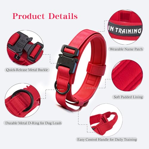 Tactical Dog Collar and Leash Set Adjustable Military Nylon Dog Collar with Control Handle and Heavy Duty Metal Buckle for Large Dogs（Red S - color: Red SET(collar+leash), size: Small (Pack of 1)