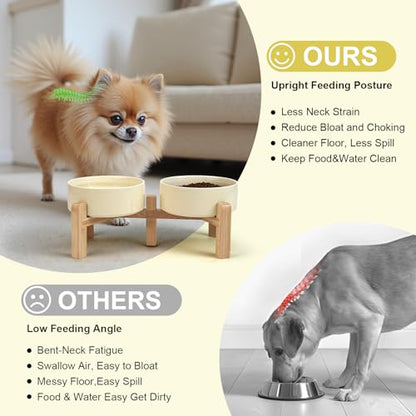 SPUNKYJUNKY Elevated Dog Bowls Ceramic, 5.1'' Dogs and Cat Food Water Bowls Raised with Non-Slip Bamboo Stand for Puppy Small Sized Breed Microwave Dishwasher Safe - 13.5 OZ,Beige - color: Beige, size: 5.1 in - 1.7 cups