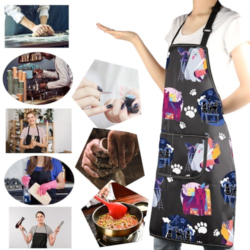 MBMSO Dog Groomer Apron - Colorful Dog Print Art Bib Aprons with Pockets