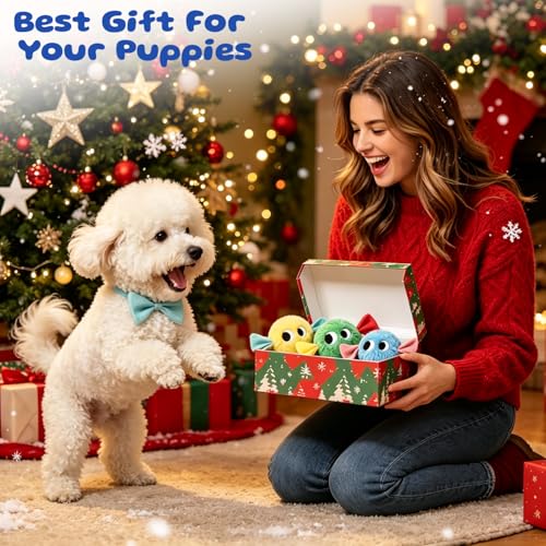 Squeaky Dog Toys, [3 Pack] 2'' Tough Stitched Plush Squeak Ball Toy, Soft Spiky Bouncy Fetch Play Balls for Puppy Small Dogs, Colorful Christmas Candy Dog Toys - color: Candy Dog Pack