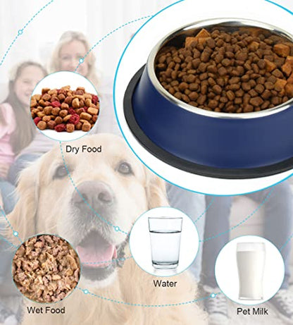 Stainless Steel Dog Bowls, Food and Water Non Slip Anti Skid Stackable Pet Puppy Dishes for Small, Medium and Large Dogs (2 Pack) - color: Navy, size: 2¼ Cup/18 oz