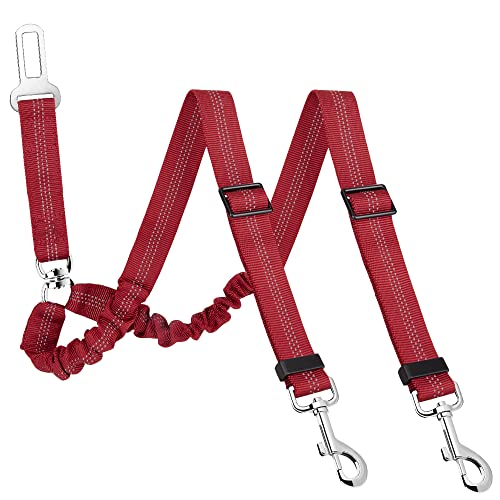 SlowTon Dog Seat Belt, Double Dog Seatbelt Adjustable Vehicle Safety Leash with Elastic Bungee Buffer, Reflective No Tangle Y Shape Two Dog Harness Seat Belt Splitter for Pets Car Trip (Red, M) - color: D.Red, size: 2 Medium in 1