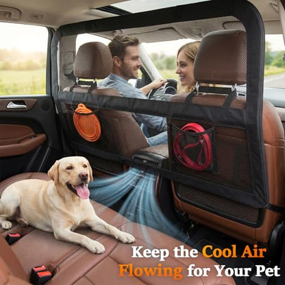 Heavy Duty Dog Car Barrier with Sturdy Metal Frame, Wider Coverage Pet Divider Net for Back Seat & Cargo Area, Universal Fit for Cars SUVs Trucks, Claw-Proof Transparent Mesh for Cool Airflow - size: Large