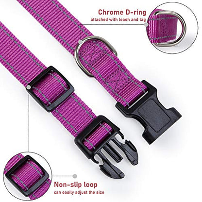 Reflective Dog Collar with Buckle Adjustable Safety Nylon Collars for Small Medium Large Dogs, Purple S - color: Purple, size: Small :Width 5/8",Neck 10-14"