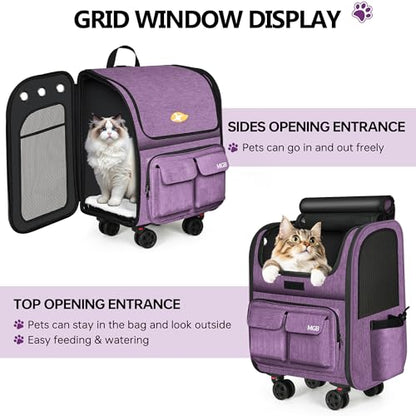 MGB Rolling Cat Carrier with Wheels: Dog Carrier for Small Dogs & Large Cats, Large Cat Carrier with YKK Zipper, Large Capacity, Breathable Mesh, Side Pocket, Purple (Not for Airline) - color: Purple