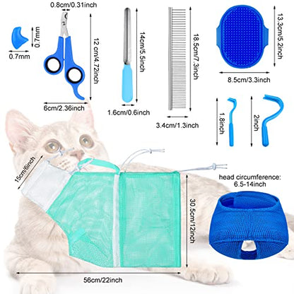 9 Pcs Cat Bathing Bag Set Cat Shower Bag Anti Bite and Scratch for Pet Grooming Washing Brush Comb Muzzle Nail Clipper Nail File Tick Tool(Blue, Turquoise) - color: Blue, Turquoise