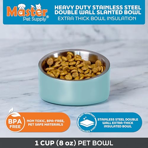 Master Pet Supply Stainless Steel Slanted Dog Cat Food Bowl - 8 oz Heavy Duty - Aqua Sky, Double Wall Insulated, Non-Slip Elevated Bowl for French Bulldogs Pugs Cats, Anti Rust Dishwasher Safe - color: Aqua Sky, size: 1 Cup (8 oz)