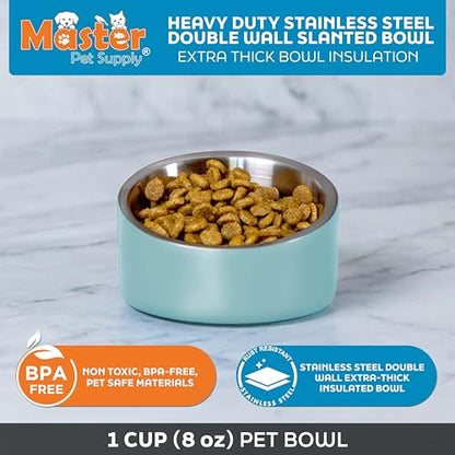 Master Pet Supply Stainless Steel Slanted Dog Cat Food Bowl - 8 oz Heavy Duty - Aqua Sky, Double Wall Insulated, Non-Slip Elevated Bowl for French Bulldogs Pugs Cats, Anti Rust Dishwasher Safe - color: Aqua Sky, size: 1 Cup (8 oz)