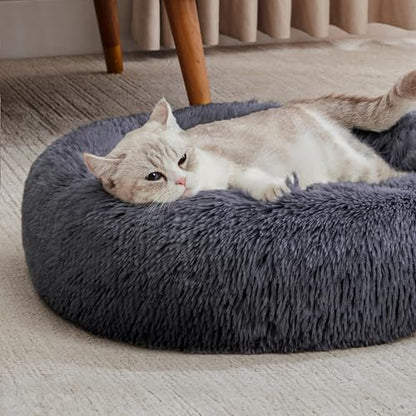 WESTERN HOME WH Calming Dog & Cat Donut Cuddler, Anti-Anxiety Warming Cozy Soft Round Bed, Fluffy Faux Fur Plush Cushion for Small Medium Dogs and Cats (20"/24"/27"/30") - color: Navy Grey, size: 20.0"l x 20.0"w x 6.0"th