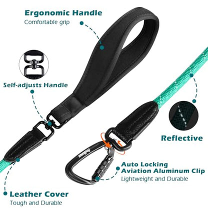 PetBonus Rope Dog Leash, 5 FT Heavy Duty Pet Nylon Leash with Auto Locking Aviation Aluminum Carabiner, Comfortable Padded Handle, Reflective Walking Training Lead for Medium Large Breeds (Turquoise) - color: Turquoise