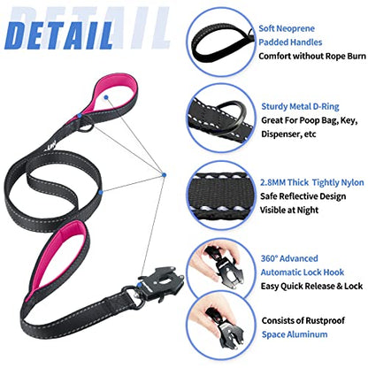 Strong Heavy Duty Dog Leash - 6ft Reflective Nylon Training Leash with Soft Padded Double Handle & Auto Lock Frog Clip - Safety Traffic Control for Large Medium Small Dogs No Pull Walk Black Pink,6ft - color: Black Pink, size: 6FT x 1" x 2.8MM