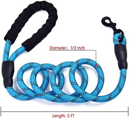 5 FT Strong Dog Leash for Medium Large Dogs Heavy Duty Rope with Reflective Threads Padded Handle for Big Dogs Puppy - color: Blue