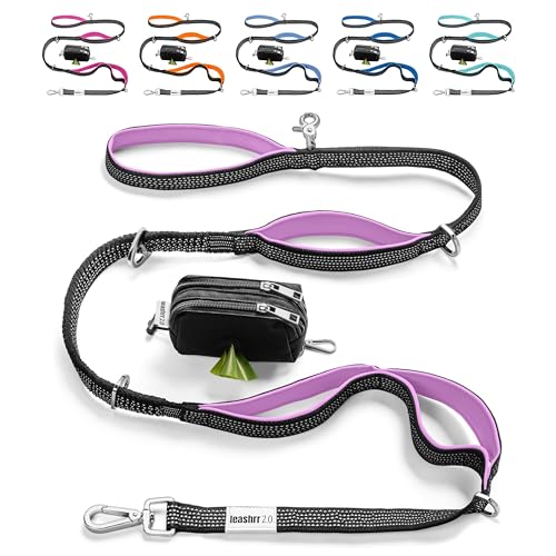 Heavy Duty Dog Leash for Large Dogs – 6FT Reflective Bungee with Padded Handles, Strong Carabiner Clip, No Pull Control for Medium & Large Breeds, Includes Poop Bag Holder & Treat Pouch (Purple) - color: Violet