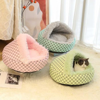 ound Hooded Cat Bed and Dog Bed with Covered Cave, Cat Bed for Small Dogs, Faux Fur Cuddle Pillow Round Recessed Cat Bed, Automatic Warming Donut Cat Bed (Green) - color: green