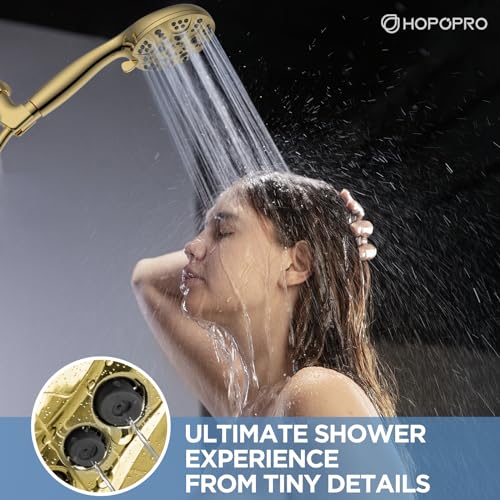 6-Mode High Pressure Handheld Shower Head Set, Consumer Reports Recommended HOPOPRO High Flow Hand Held Showerhead with 59 Inch Hose Bracket Teflon Tape Rubber Washers - color: Gold, style: 6 Modes