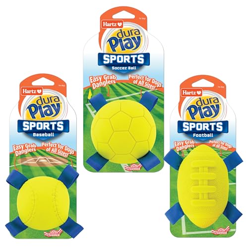 Hartz Dura Play Sports Ball Variety Dog Toy, Bacon Scented Squeaky Latex Yellow & Blue Toy, 3 Count - size: 3 Count, style: Variety