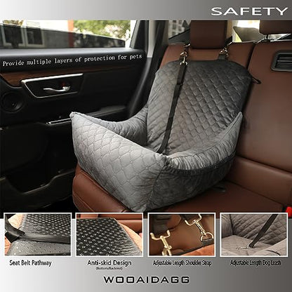 WOOAIDAGG Dog Car Seat,Fully Detachable and Washable Cover,Easy to Assemble,Comfy Cushion Fill in Memory Foam,2 Clip-On Safety Leashes and Storage Pockets (Grey) - color: Grey